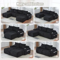 Corduroy Sectional Sofa with Built-in Cup Holders and Side Storage Pockets, 3-Seater Modular Sofa with Ottomans, 268L x 174W x 80H cm, Black(m-4)