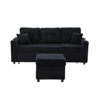 Multifunctional Corduroy Sofa Bed with Hidden Storage, LED-Lighted Guest Couch for Family Film Nights, 196L x 82W x 85H cm, Black(m-2)