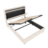 Functional Bed with Additional Under-Bed Storage, Modern Bed Frame with Wavy LED Side Lighting and USB Ports, 143L x 211W x 115.5H cm, Beige(m-12)