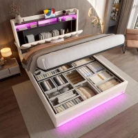 Functional Hydraulic Bed with Headboard Shelf, Stylish Platform Bed for Contemporary Bedrooms and Flats, 158L x 221W x 116.5H cm, Beige(m-10)