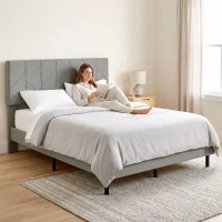 HOMCOM Marco de Cama 140x190 cm con Somier y Cabecero Ajustable Cama Doble Acolchada en Lino con Almacenamiento Inferior Gris(m-5)