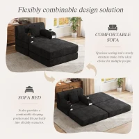 Corduroy Sleeper Chair with Ottoman and Metal Frame, Convertible 1-Seater Sofa Bed with High Backrest, 107L x 162W x 81H cm, Black(m-4)