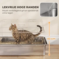 PawHut XXL Kattenbak van Roestvrij Staal 130L met 180° Klapdeksel, Hoge Wanden en Schep, 70 x 50 x 43 cm, Grijs(m-7)