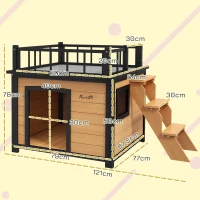 PawHut Caseta para perros con terraza en el techo, resistente a la intemperie, de madera, 121x77x78 cm, Negro/Amarillo(m-3)