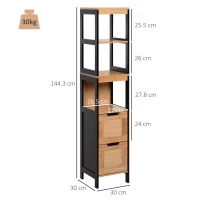 Kleankin Colonna Bagno con 2 Cassetti e 3 Vani Aperti in Legno MDF e Bambù 30x30x142.5 cm(m-3)