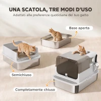 PawHut Lettiera per Gatti Chiusa XXL in Acciaio Inox, Coperchio Apribile a 90° e Doppie Porte, 70x50x46.5 cm, Grigio(m-5)