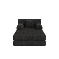 Corduroy Sleeper Chair with Ottoman and Metal Frame, Convertible 1-Seater Sofa Bed with High Backrest, 107L x 162W x 81H cm, Black(m-2)