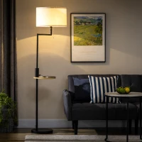 HOMCOM Lampada da Terra con Mensola Integrata in Bambù, Paralume in Tessuto Effetto Lino, Base in Acciaio, Nero e Beige(m-2)