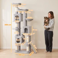 PawHut Arbre à chat griffoir haut 200 cm avec 6 poteaux griffoirs en sisal, 2 nids, 3 cabines, hamac, Gris clair(m-3)