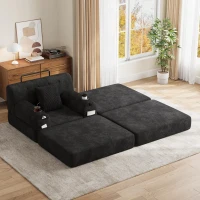 Corduroy Sleeper Chair with Ottoman and Metal Frame, Convertible 1-Seater Sofa Bed with High Backrest, 107L x 162W x 81H cm, Black(m-1)