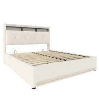 Practical Padded Bed with Hydraulic Storage, Stylish Platform Bed for Modern Bedrooms and Organized Living, 143L x 211W x 116.5H cm, Beige(m-11)