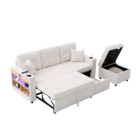 Multifunctional Corduroy Sofa Bed with Hidden Storage and Pull‑Out Bed, LED-Lighted Guest Couch with Wide Armrests, 196L x 82W x 85H cm, Beige(m-14)