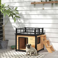 PawHut Caseta para perros con terraza en el techo, resistente a la intemperie, de madera, 121x77x78 cm, Negro/Amarillo(m-2)
