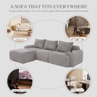 3-Seater Modular Sofa with Ottomans and Side Storage Pockets, Corduroy Sectional Sofa with Integrated Cup Holders, 268L x 174W x 80H cm, Light Gray(m-7)