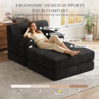 Corduroy Sleeper Chair with Ottoman and Metal Frame, Convertible 1-Seater Sofa Bed with High Backrest, 107L x 162W x 81H cm, Black(m-7)