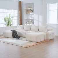 4-Seater Modular Cord Sofa with 2 Ottomans and Integrated Cup‑Holders, Corduroy Sectional Sofa for Living Rooms, 333L x 174W x 80H cm, Beige(m-1)