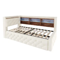 Velvet Pull-Out Sofa Bed Frame with Wooden Headboard Shelf, Convertible Daybed with Lift-Up Armrest Storage, 211L x 91W x 84H cm, Beige(m-11)