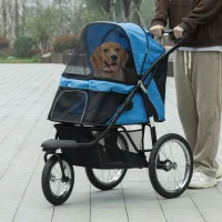PawHut hondenkinderwagen, opvouwbaar, zonnescherm, gaasvenster, opbergmand, blauw, 111 x 58 x 107 cm(m-10)