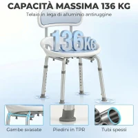 HOMCOM Sedia da Doccia con Schienale e Sedile Forato, 8 Altezza Regolabile, Antiscivolo, Portata 136kg, Azzurro(m-6)