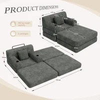 Corduroy Sleeper Chair with Ottoman and Metal Frame, Convertible 1-Seater Sofa Bed with High Backrest, 107L x 162W x 81H cm, Dark Gray(m-3)
