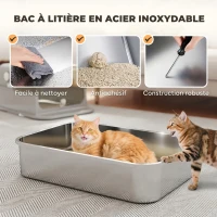 PawHut Maison de Toilette pour Chat XXL en Inox, Couvercle 90°, Double Porte, Filtre Frontal, Pelle, 70x50x46,5cm, Gris(m-4)