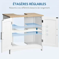 kleankin Meuble salle de bain sous lavabo à double portes avec étagères réglables, blanc et bois naturel(m-6)