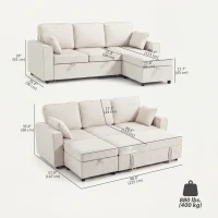 HOMCOM Sofá Esquinero Convertible de Chenilla Sofá Cama 3 Plazas Modular 225 cm con Puff de Almacenaje Beige(m-3)