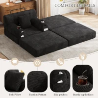 Corduroy Sleeper Chair with Ottoman and Metal Frame, Convertible 1-Seater Sofa Bed with High Backrest, 107L x 162W x 81H cm, Black(m-5)