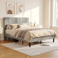 HOMCOM Marco de Cama 140x190 cm con Somier y Cabecero Ajustable Cama Doble Acolchada en Lino con Almacenamiento Inferior Gris(m-10)
