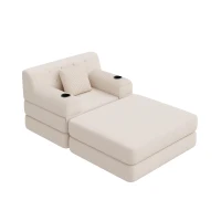 Corduroy Sleeper Chair with Ottoman and Metal Frame, Convertible 1-Seater Sofa Bed with High Backrest, 107L x 162W x 81H cm, Beige(m-11)