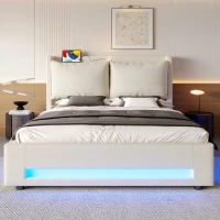 Practical Bed Frame with Built-in Shelf and Night Light, Hydraulic-Lift Platform Bed for Compact Bedrooms, 152.5L x 210W x 114H cm, Beige(m-10)