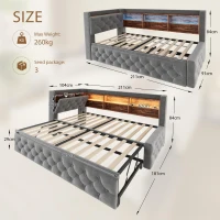 Velvet Pull-Out Sofa Bed Frame with Wooden Headboard Shelf, Convertible Daybed for Living Rooms and Studio Flats, 211L x 91W x 84H cm, Dark Gray(m-3)