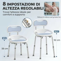 HOMCOM Sedia da Doccia con Schienale e Sedile Forato, 8 Altezza Regolabile, Antiscivolo, Portata 136kg, Azzurro(m-7)