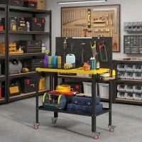 HOMCOM Banco de Trabajo con Panel Perforado Mesa de Trabajo con Enchufes Luz LED Ruedas Marco de Metal Negro y Amarillo(m-11)