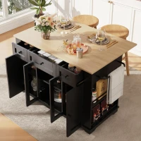 Stylish Kitchen Island with Foldable Worktop and Dining Extension, Space-Saving Dining Cart for Cosy Flats, 151.5L x 60W x 91.5H cm, Black(m-8)