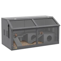 PawHut Hamsterkäfig, Kleintierkäfig aus Holz, Hängebrücke, Leitern, Hütte, 84 x 45 x 44 cm, für Zwerghamster, Grau(m-12)