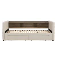 Practical Upholstered Daybed with Pull-Out Trundle, Ideal Bed Frame for Studios, Living Rooms, or Guest Spaces, 200L x 140W x 100H cm, Beige(m-2)