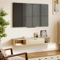 HOMCOM Meuble TV suspendu, meuble télé pour téléviseur jusqu'à 50 pouces, tiroir rabattable 2 étagères 120x24x16cm bois naturel(m-9)