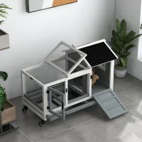 PawHut Conigliera in Legno da Interno ed Esterno con Ruote, Casetta, Tetto Apribile, Porte e Vassoio Estraibile, Grigio(m-9)
