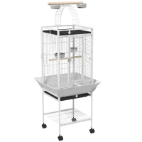 PawHut Vogelkäfig, Papageienkäfig mit 3 Türen, 2 Sitzstange, 360° Rollen, Futternapf, Ablage, Freisitz, 62,5x62,5x156cm, Weiß(m-1)