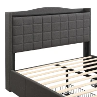 Spacious Upholstered Bed with 4 Under‑Bed Drawers, Cozy Bed Frame with Soft Headboard and Linen Surface, 208L x 140W x 111H cm, Grey(m-10)