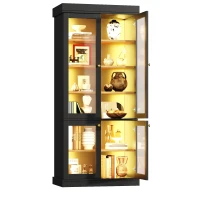 Modern Freestanding Display Cabinet with Height-Adjustable Shelves, LED Lighted Tall Showcase for Industrial Interiors, 80L x 40W x 180H cm, Black(m-15)