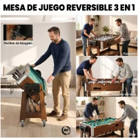 SPORTNOW Mesa Multijuegos 3 en 1 con Ruedas con Freno Estante de Almacenaje Futbolines para Niños Billar Air Hockey Nogal(m-4)