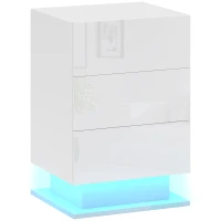HOMCOM Mesita de Noche con LED RGB 3 Cajones y Mando a Distancia Diseño Moderno 40x35x60 cm Blanco Brillo(m-1)