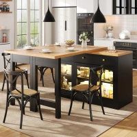 Extendable Kitchen Island with LED Lighting and Glass Cabinets, Space-Saving Dining Cart for Cosy Flats, 120L x 40W x 75.5H cm, Black(m-8)