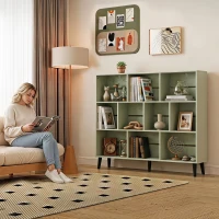HOMCOM 10-Cube Bookcase, 3-Tier Book Shelf with Solid Wood Legs, 140 cm Modern Bookshelf with Anti-Tip Kit, Light Green(m-9)