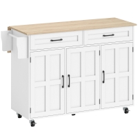 Ilha de Cozinha com Rodas HOMCOM e Tampo Extensível, 2 Gavetas, 3 Armários, Compartimentos na Porta e Toalheiro, Branco