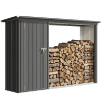 Outsunny 2-in-1 Kaminholzregal Außen verzinkter Stahl 235 x 67 x 149 cm Brennholzregal mit Geräteschrank Schrägdach Dunkelgrau(m-12)