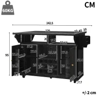Foldable Serving Trolley with Ample Storage and Snack Racks, Mobile Kitchen Island for Balconies or Dining Room, 142.5L x 40W x 95H cm, Black(m-3)
