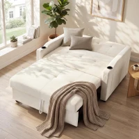 Convertible Sofa Bed with Adjustable Backrest, Functional Sleeper with USB & Type-C Charging and Cup Holders, 135L x 173W x 58H cm, Off White(m-5)